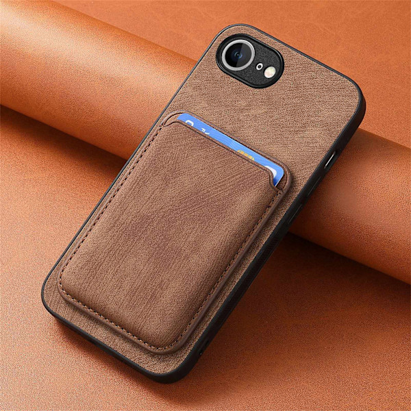 Fodral för iPhone 17 E/16E (Ej för 16) Magnetiskt Stativ Kortplats Lädertextur Brun