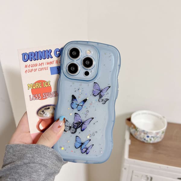 Kotelo iPhone 16 Plus Wave Texture Glitter Clear Clear Blue