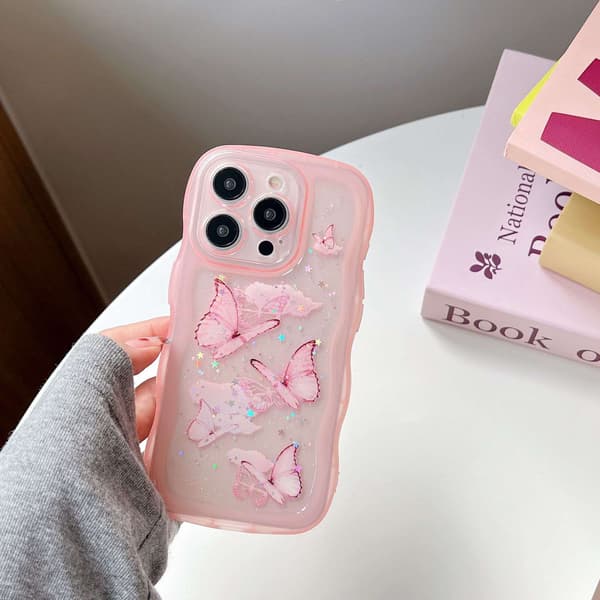 Etui til iPhone 17 Pro Bølgetekstur Glitter Klar Rosa