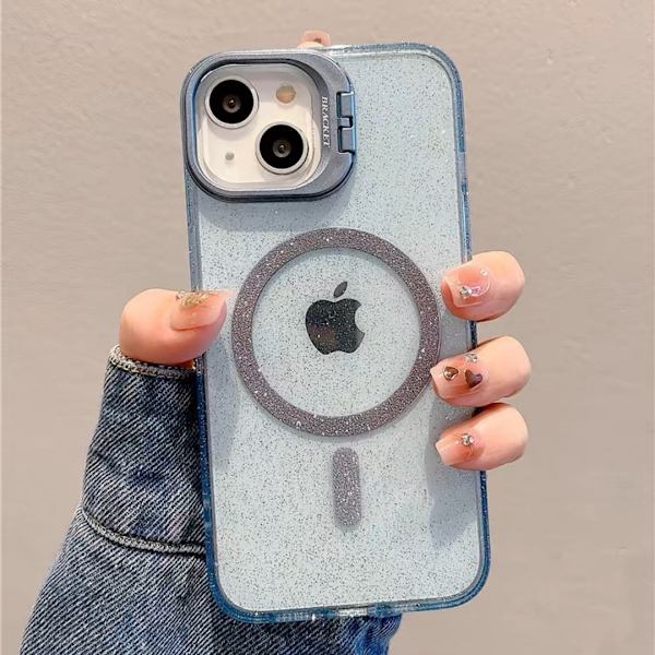 Etui til iPhone 16 Pro Glitter Magnetisk Stativ Linse Detalje Klar Blå