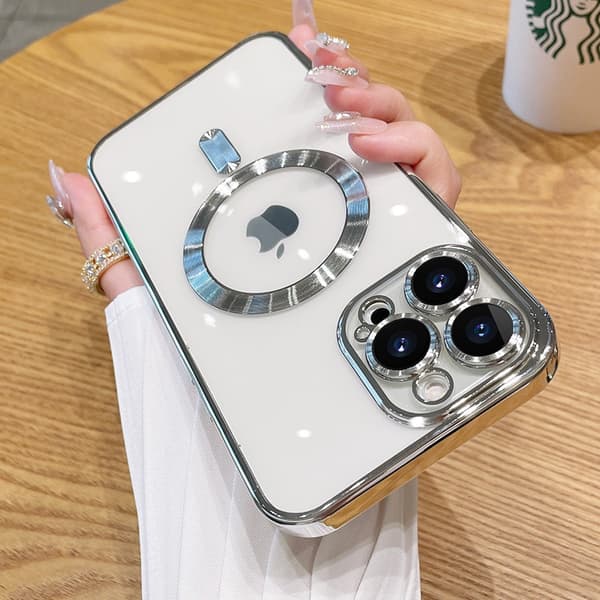 Etui til iPhone 13 galvanisert magnetisk linsedetalj sølv
