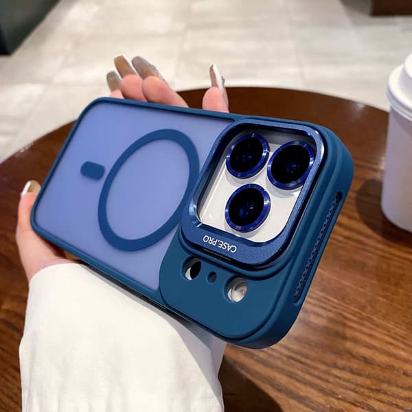 Fodral för iPhone 15 Pro Skin Feel Matt Magnetiskt Stativ Linsdetalj Marinblå