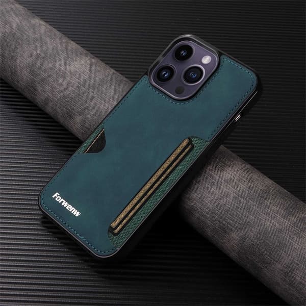 Etui til iPhone 14 Pro med stander og kortlomme, mørkegrøn