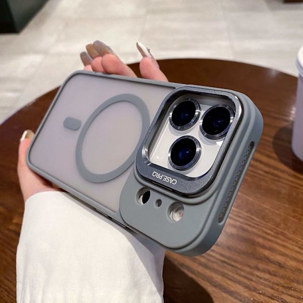 Deksler til iPhone 16 Pro Max Skin Feel Matt Magnetisk Stativ Linsedetalj Grå