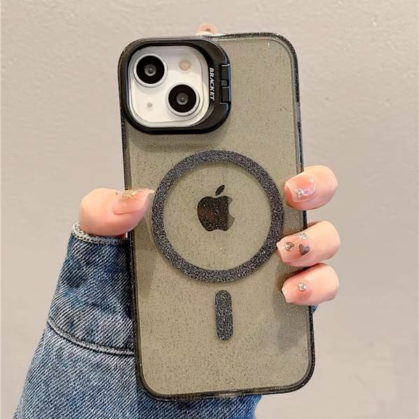 Fodral för iPhone 16 Plus Glitter Magnetiskt Stativ Linsdetalj Klar Svart