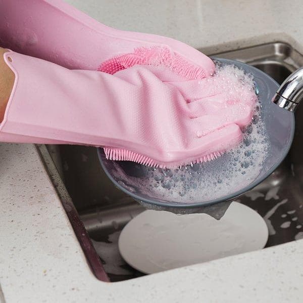 Rosa oppvaskhansker med skrubb Pink