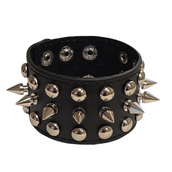 Bred sort læderarmbånd med nitter og pigge Black