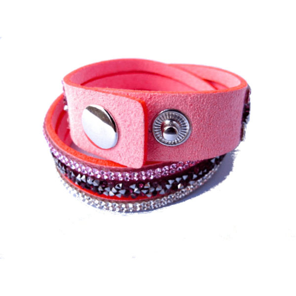 Rosa dubbel snitt läderarmband med Kristaller Pink