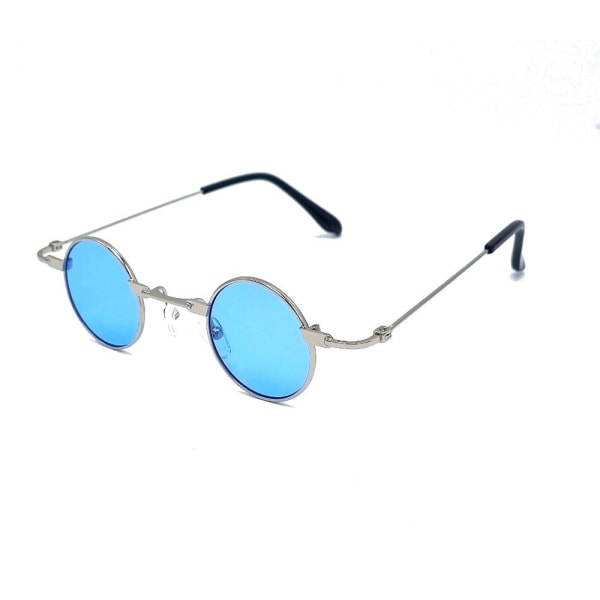 Små runde solbriller - Sølvfarvede stel med blå glas Blue