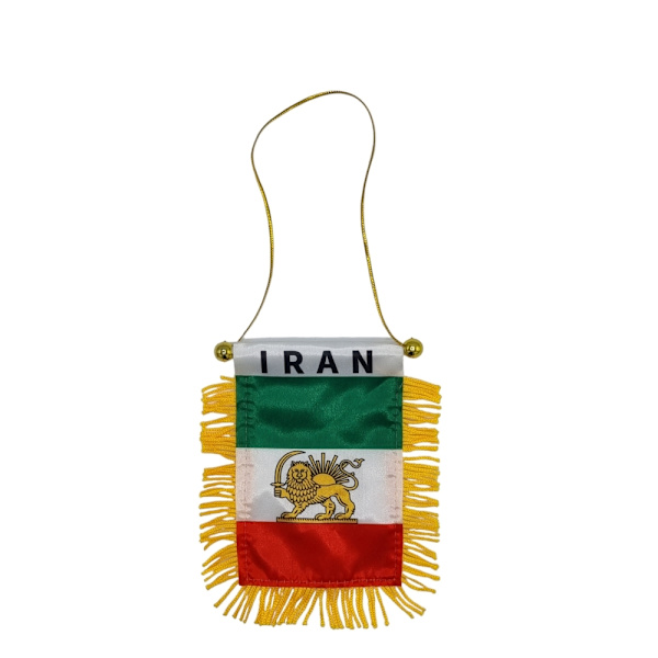 Iran lipun alla riippuva auton taustapeili imukupilla Iran