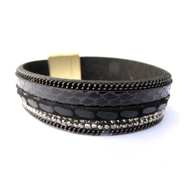 Sort læderarmbånd med hvide krystaller og kæder White