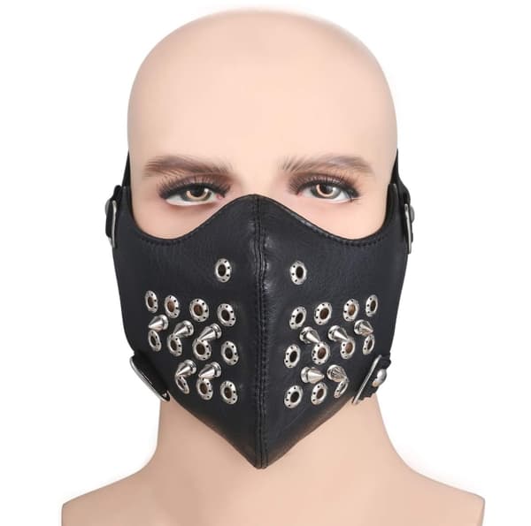 Sort ansigtsmaske i kunstlæder med perforerede ringe og pigge