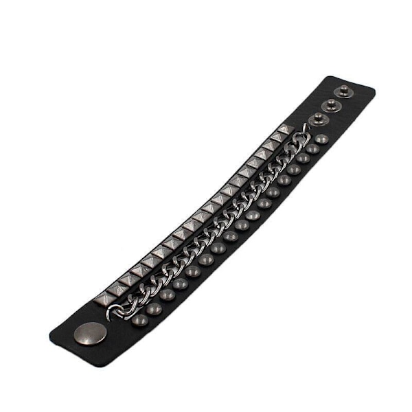 Sort læderarmbånd med kæde, pyramide og runde nitter Silver