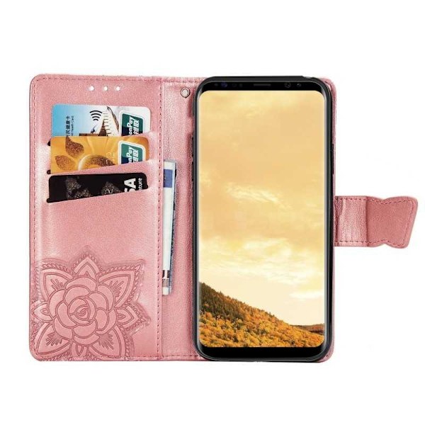 Samsung S8 Plånboksfodral PU-Läder 4-FACK Motiv Fjäril Rosenguld