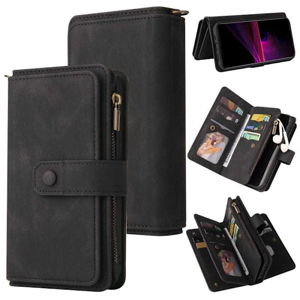 Xperia 1 III Multifunktionellt Plånboksfodral Zip 13-Fack Svart