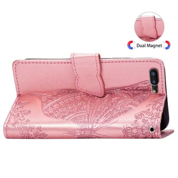 iPhone 7 Plus / 8 Plus -lompakkokotelo PU-nahkainen 4-POCKET Motif Butterfly Rosenguld