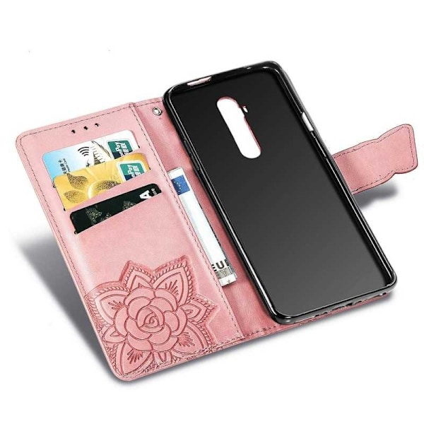 OnePlus 7 Pro / 7T Pro tegnebog etui PU læder 4-BAG Motiv sommerfugl Pink gold