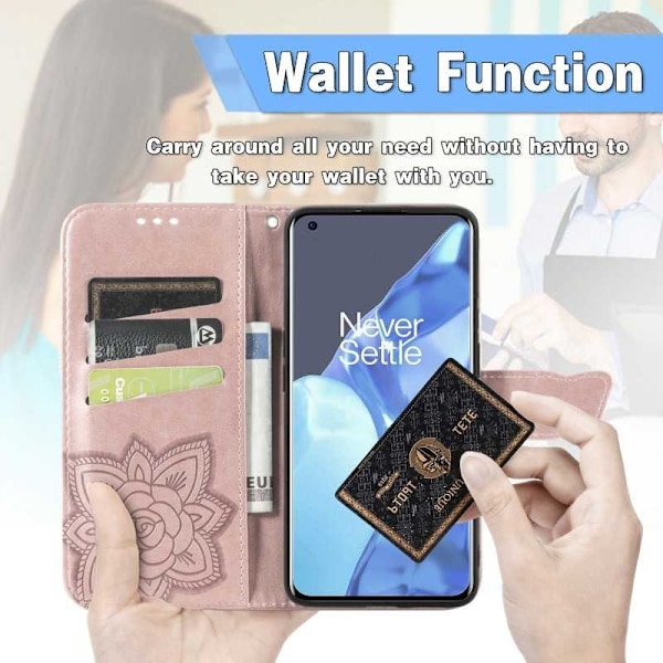 OnePlus 9 Pro -lompakkokotelo, PU-nahkainen 4-POCKET Motif Butterfly Pink gold
