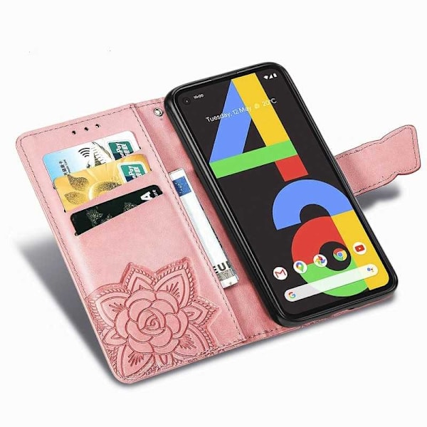 Google Pixel 4a 4G Wallet Case PU Læder 4-BAG Motiv Butterfly Pink gold