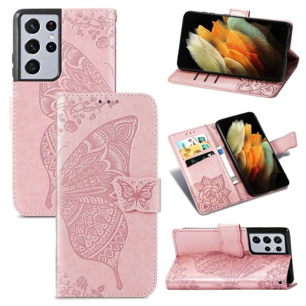 Samsung S21 Ultra Wallet Case PU-nahkainen 4-POCKET Motif Butter Rosenguld