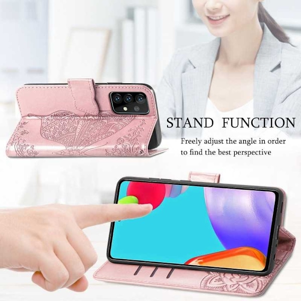 Samsung A52 / A52s 4G / 5G pung etui PU læder 4-LOMMES Motiv Sommerfugl Pink gold