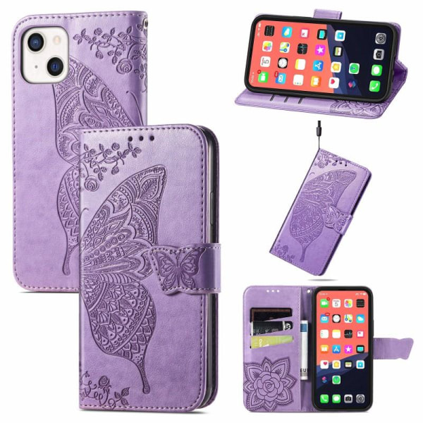 iPhone 13 Mini lommebokveske PU skinn 4-LOMMER Motiv Butterfly Rosenguld