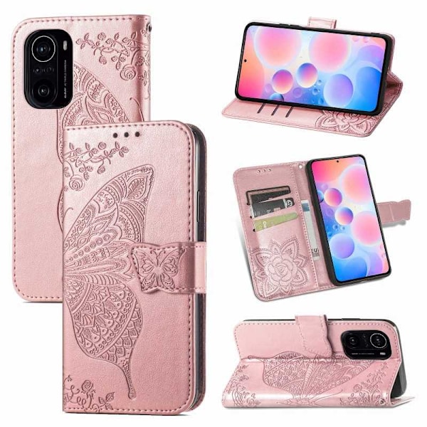Xiaomi Mi 11i tegnebog etui PU læder 4-LOMMES motiv sommerfugl Pink gold