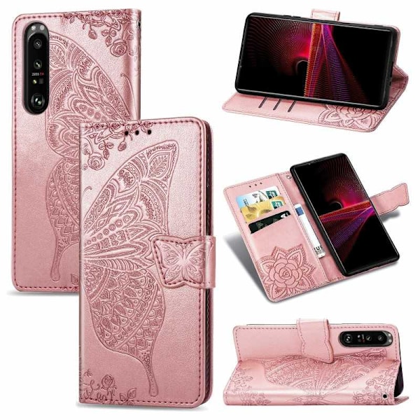 Xperia 1 III Plånboksfodral PU-Läder 4-FACK Motiv Fjäril Rosa guld