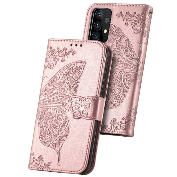 Samsung A53 5G Pung etui PU-Læder 4-KOMPARTMENT Motiv Sommerfugl Pink gold