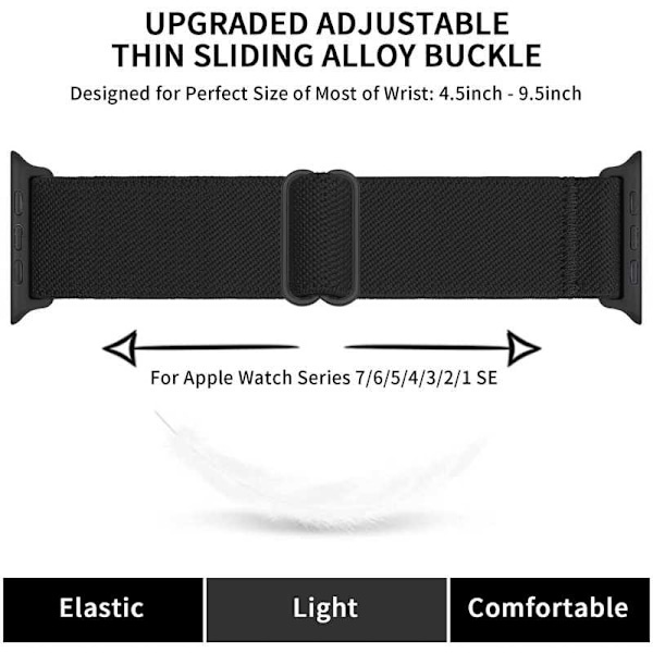 Apple Watch 38mm / 40mm / 41mm Justerbar & Elastisk Nylon Loop Armband Svart