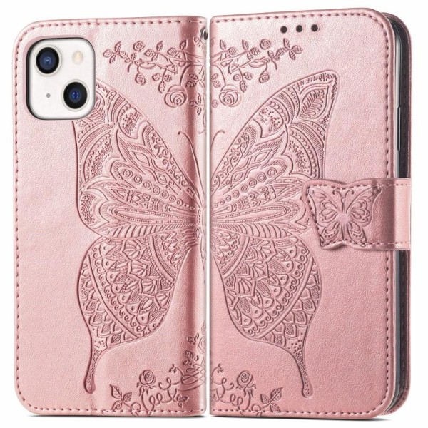 iPhone 13 lommebokveske PU skinn 4-LOMMER Motiv Butterfly Rosenguld
