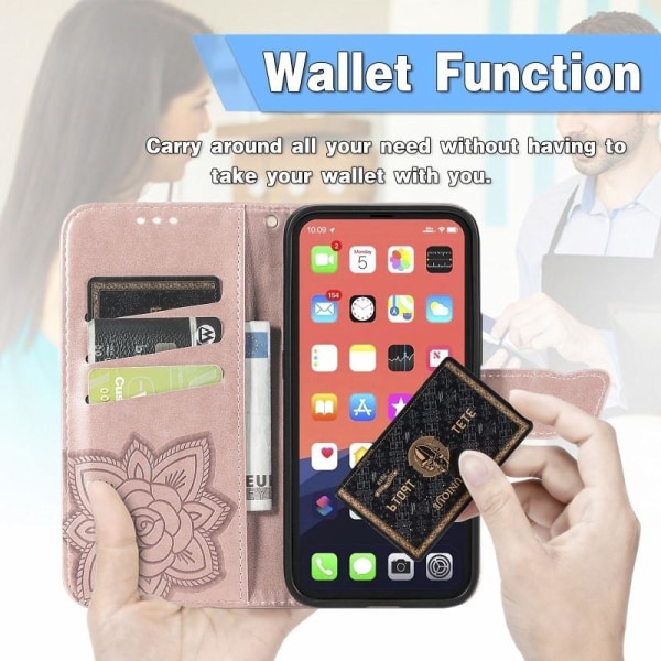 iPhone 14 Pro -lompakkokotelo PU-nahkainen 4-TASKUN Motif Butterfly Pink gold