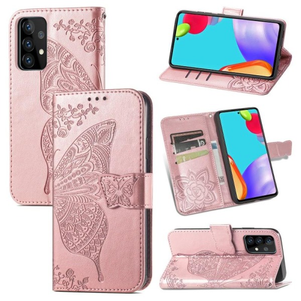 Samsung A72 4G/5G lommebokveske PU skinn 4-LOMMER Motiv Butterfl Pink gold