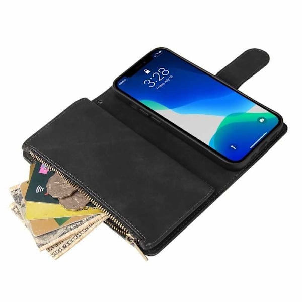 iPhone 13 Pro Max multifunktionelt pung etui Lynlås 8-rum Svart