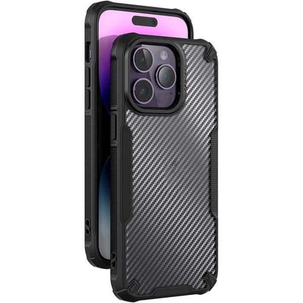 Iskunkestävä suojus läpinäkyvällä Carbon Design Legend iPhone 15