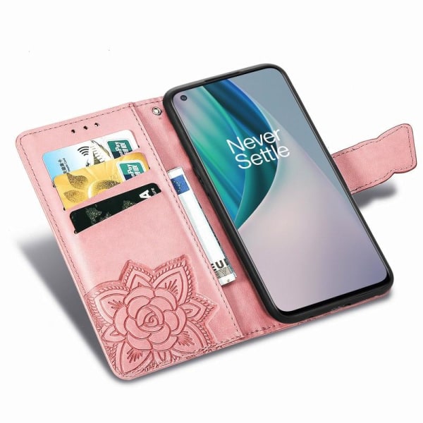 OnePlus Nord N10 -lompakkokotelo PU-nahkainen 4-TASKUN motiiviperhonen Pink gold