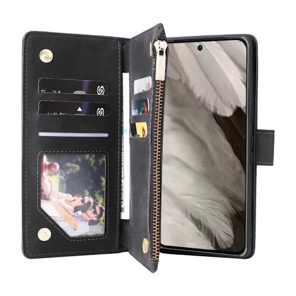 Google Pixel 8 monitoiminen lompakkokotelo, vetoketjullinen 8 taskua Black
