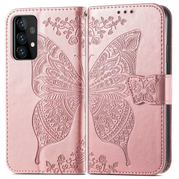 Samsung A52 / A52s 4G / 5G pung etui PU læder 4-LOMMES Motiv Sommerfugl Pink gold