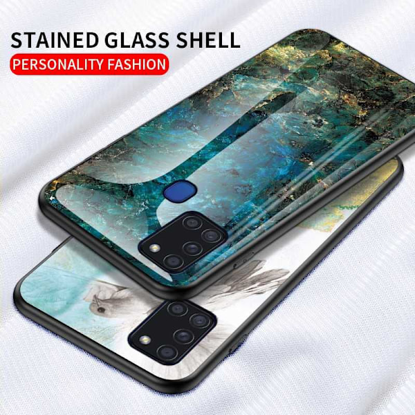 Samsung A21s Marmorskal 9H Härdat Glas Baksida Glassback V2 Green Emerald Green