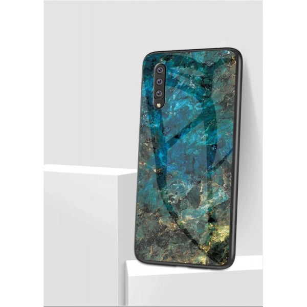 Samsung A7 2018 Marmorskal 9H Härdat Glas Baksida Glassback V2 Black Svart/Guld