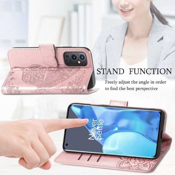 OnePlus 9 Pro Wallet Case PU Læder 4-LOMMES Motiv Butterfly Pink gold
