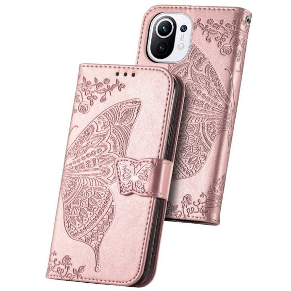 Xiaomi Mi 11 Plånboksfodral PU-Läder 4-FACK Motiv Fjäril Rosa guld