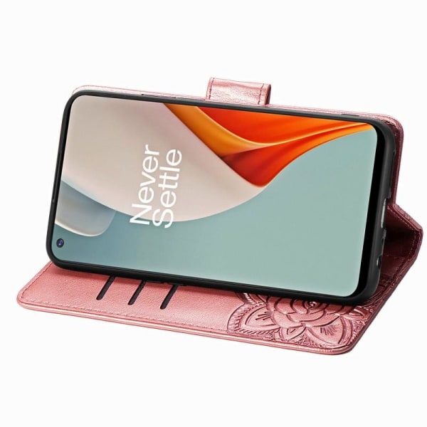 OnePlus Nord N100 lommebokveske PU skinn 4-LOMMER Motiv Butterfl Pink gold