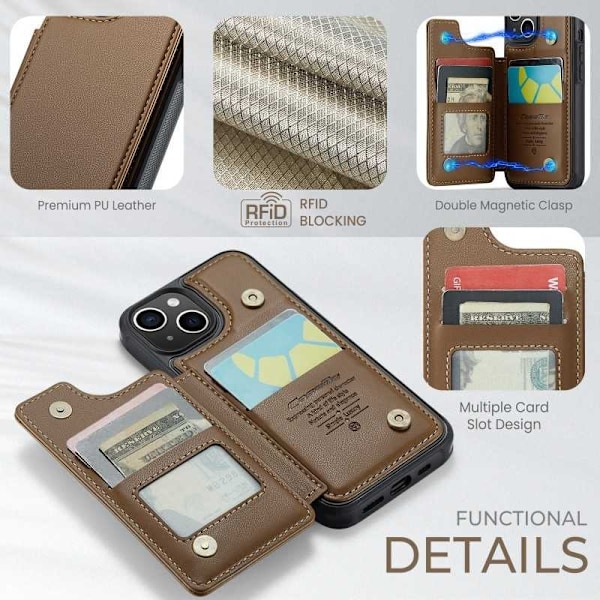 CaseMe Shockproof Cover Kortholder Stander 4-rums iPhone 14 Brun