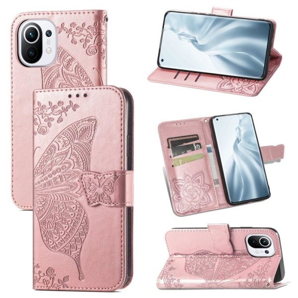 Xiaomi Mi 11 Wallet Case PU-nahkainen 4-POCKET Motif Butterfly Pink gold