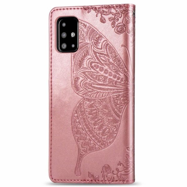 Samsung A51 4G lommebokveske PU skinn 4-LOMMER Motiv Butterfly Pink gold