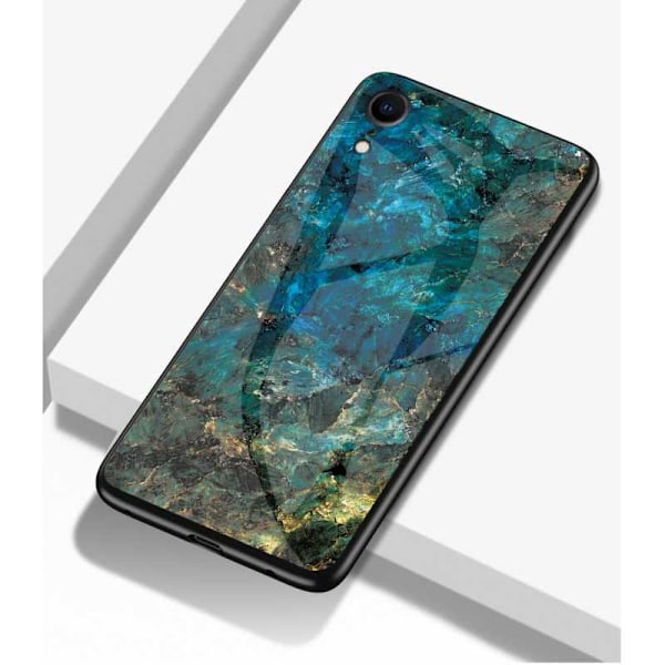 iPhone XR Marble Shell 9H karkaistu lasi tausta Glassback V2 Black Svart/Vit