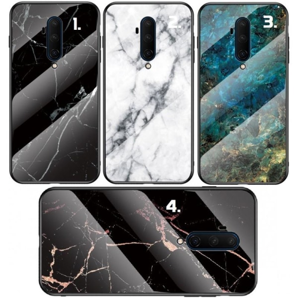 OnePlus 7T Pro Marble Shell 9H hærdet glas bagside glas bagside V2 Black Svart/Vit