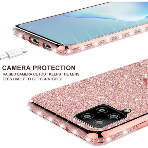 Samsung A12 5G Stötdämpande Skal med Ringhållare Strass Rosenguld