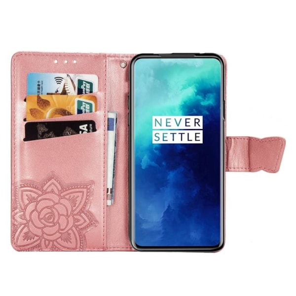 OnePlus 7 Pro / 7T Pro tegnebog etui PU læder 4-BAG Motiv sommerfugl Pink gold